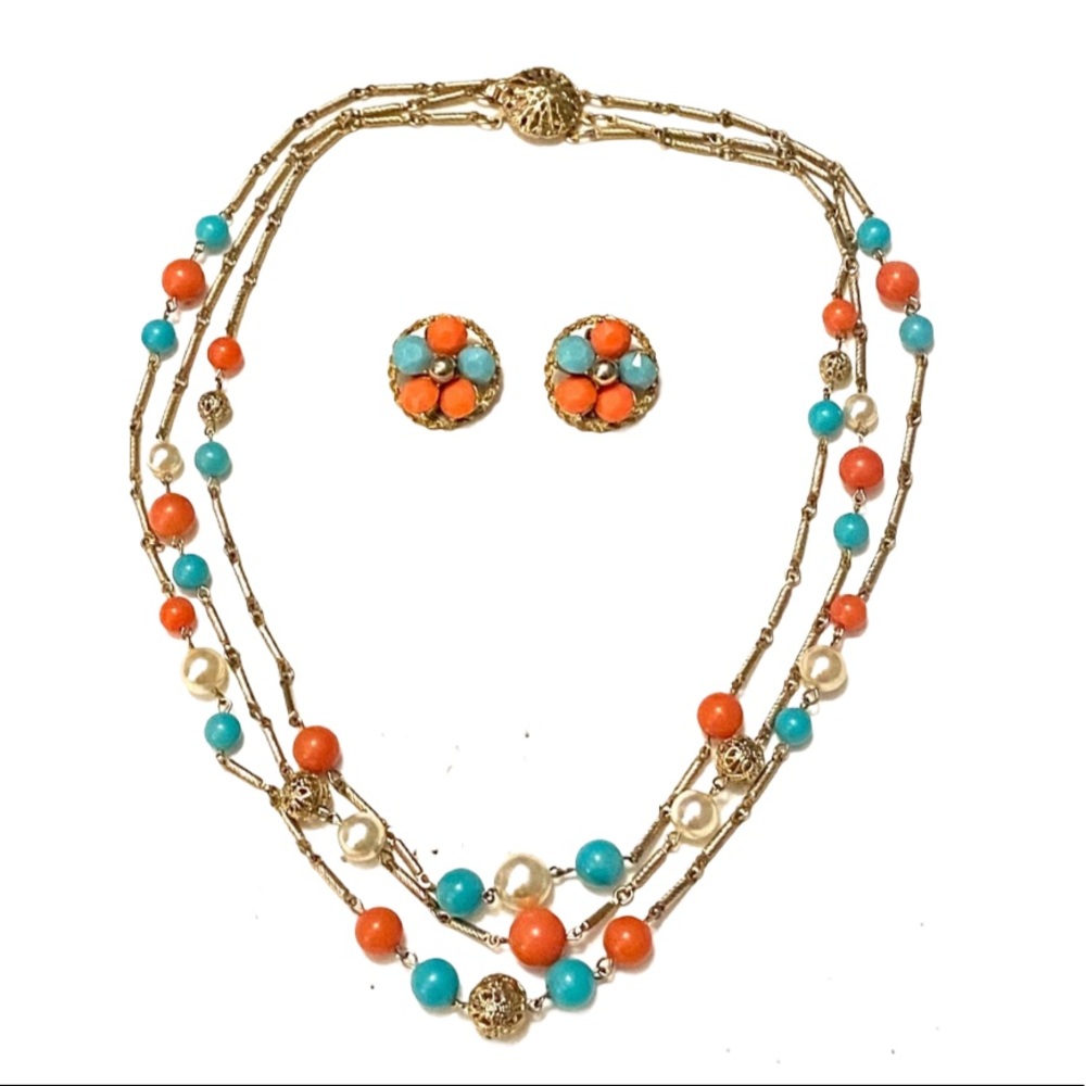 70's Turquoise Blue Necklace with Matching Clip On Earrings. main image 0